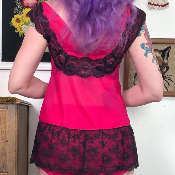 Vintage Hot Pink Babydoll Nightie Set, 1960s Fuchsia Chiffon & Black Lace, Sz S - Picture 8 of 10